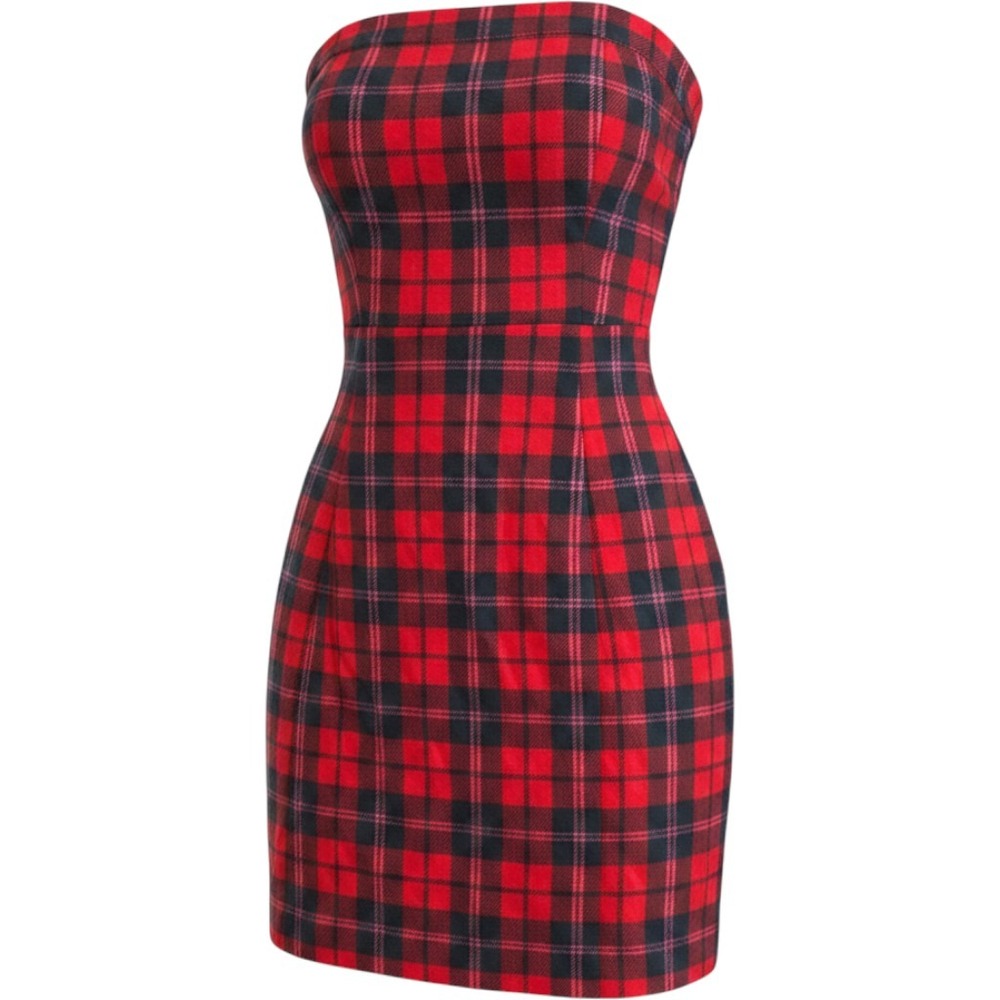 Vintage Y2K American Eagle Red navy Plaid Strapless Wool Dress Womens Size 0